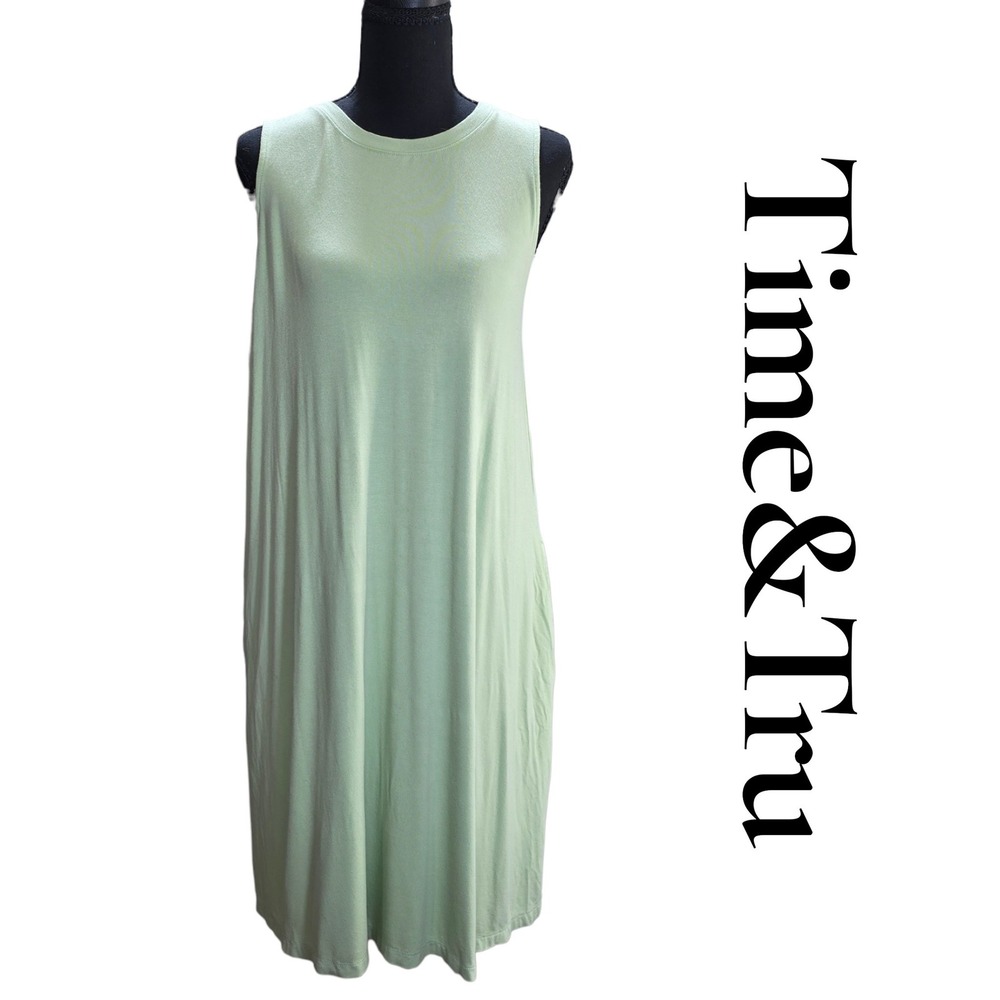 Time and Tru Swing Dress Womens L 12-14 Green Jersey Sleeveless Pockets Coastal